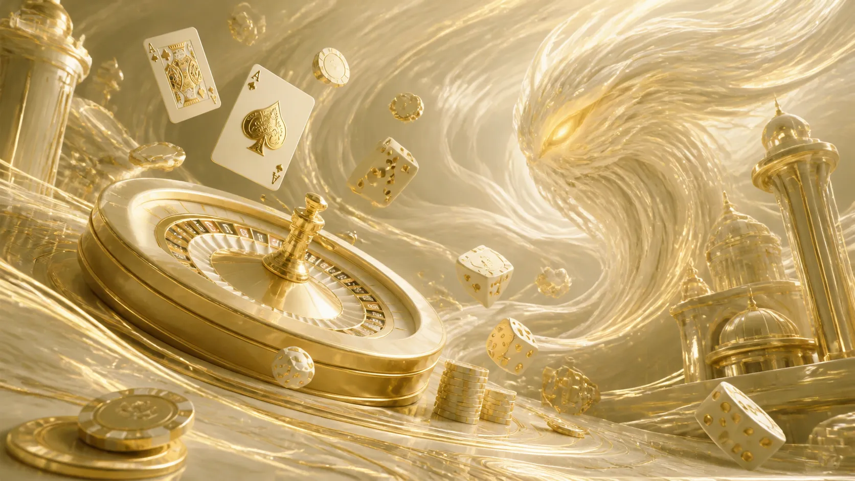 A luxurious casino-themed hero banner for Kazeeno, showcasing a dynamic explosion of poker chips, playing cards, and glowing 